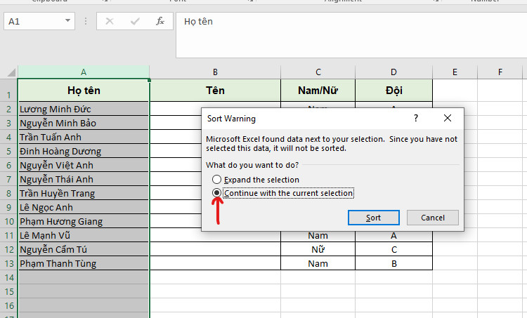 sắp xếp thứ tự trong excel