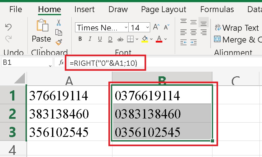 thêm số 0 trong excel