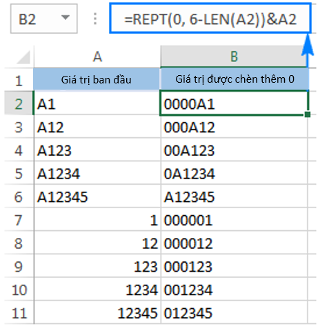 thêm số 0 trong excel