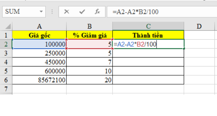 cách tính phần trăm giảm