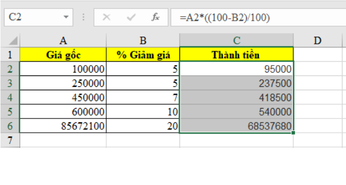 cách tính phần trăm giảm