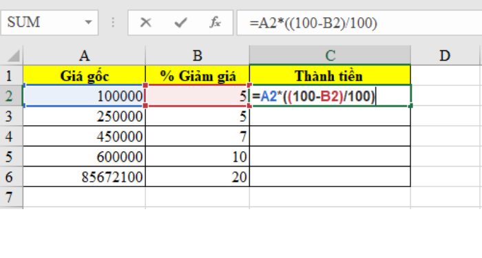 cách tính phần trăm giảm