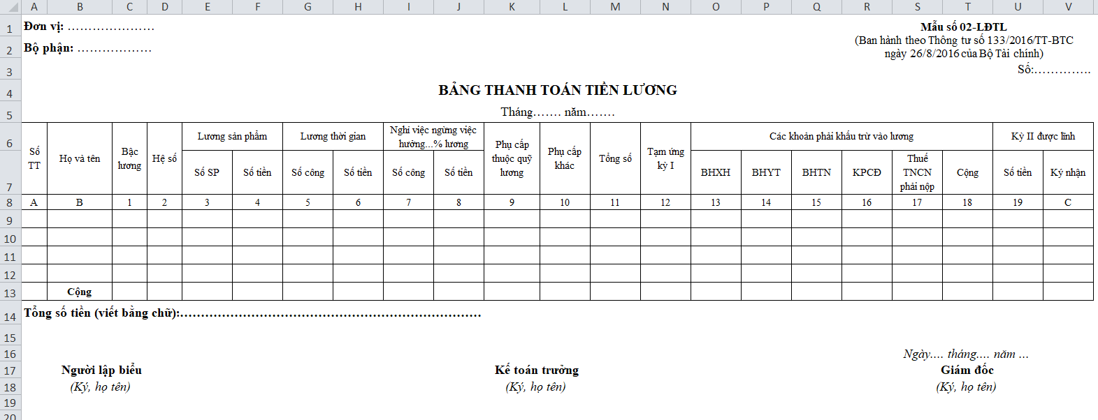 tạo mẫu bảng lương trên excel