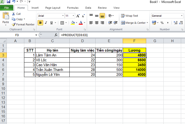 phép nhân trong excel