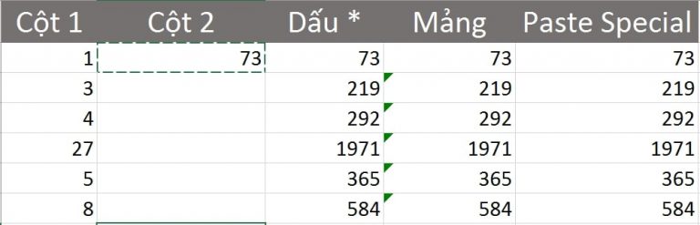 phép nhân trong excel