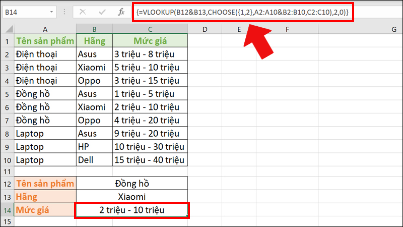 hàm vlookup nhiều điều kiện