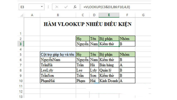 hàm vlookup nhiều điều kiện