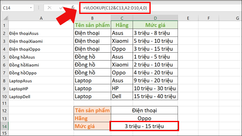 hàm vlookup nhiều điều kiện