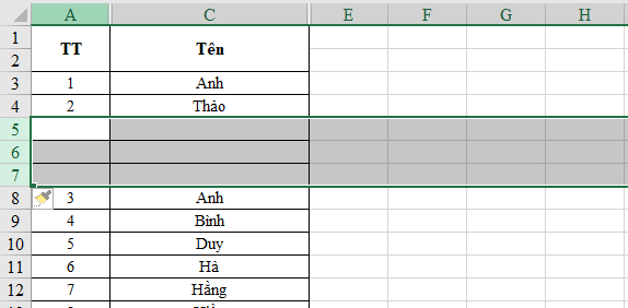 phím tắt chèn dòng trong excel