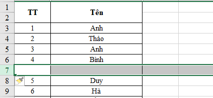 phím tắt chèn dòng trong excel