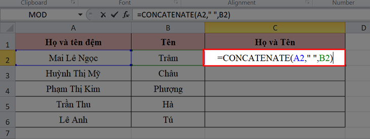 gộp cột trong excel