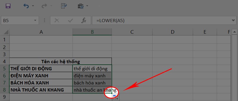 chuyển chữ hoa thành chữ thường trong excel