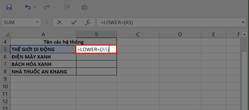 chuyển chữ hoa thành chữ thường trong excel