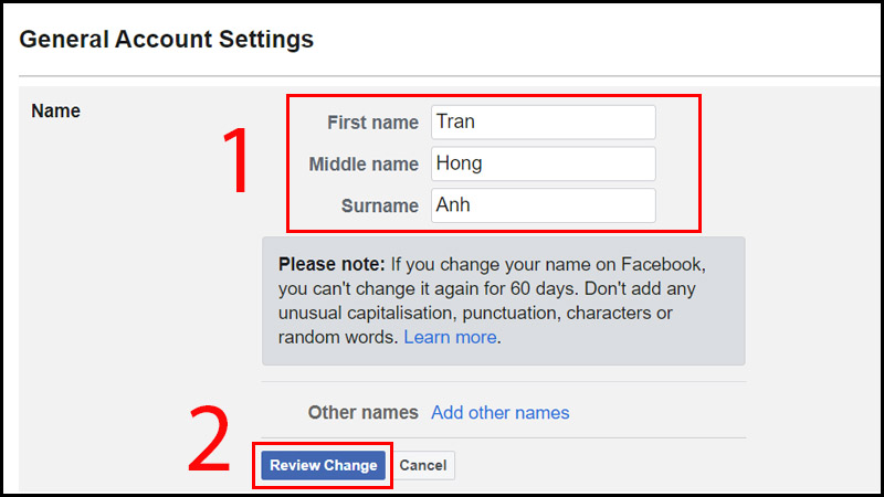 cách đổi tên facebook